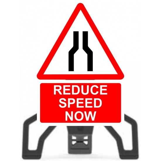 Road Narrows & Reduce Speed Sign with Frame